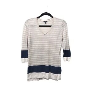 Talbots Petite SP Striped 100% Linen Light Knit Top Sweater V Neck 3/4 Sleeve